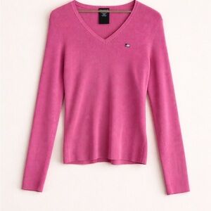 Y2K Polo Sport Ribbed V Neck Top Woman Large Pink Logo Streetwear Preppy